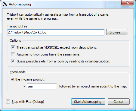 The dialog displayed by Trizbort when you start automapping.